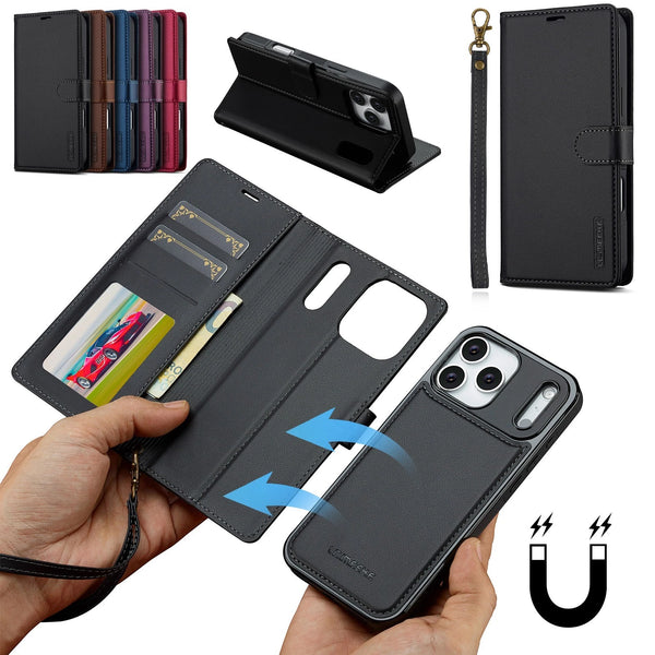 For Apple iPhone 17 Pro Max Luxury Detachable Leather Wallet Flip Case + Strap