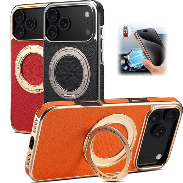 For iPhone 17 Pro Max Real Cowhide Magsafe Magnetic Metal Rotating Bracket Cover