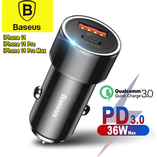 Baseus 30W Dual USB Quick Charger QC 3.0 Type-C PD Car Fast Charging F iPhone 12